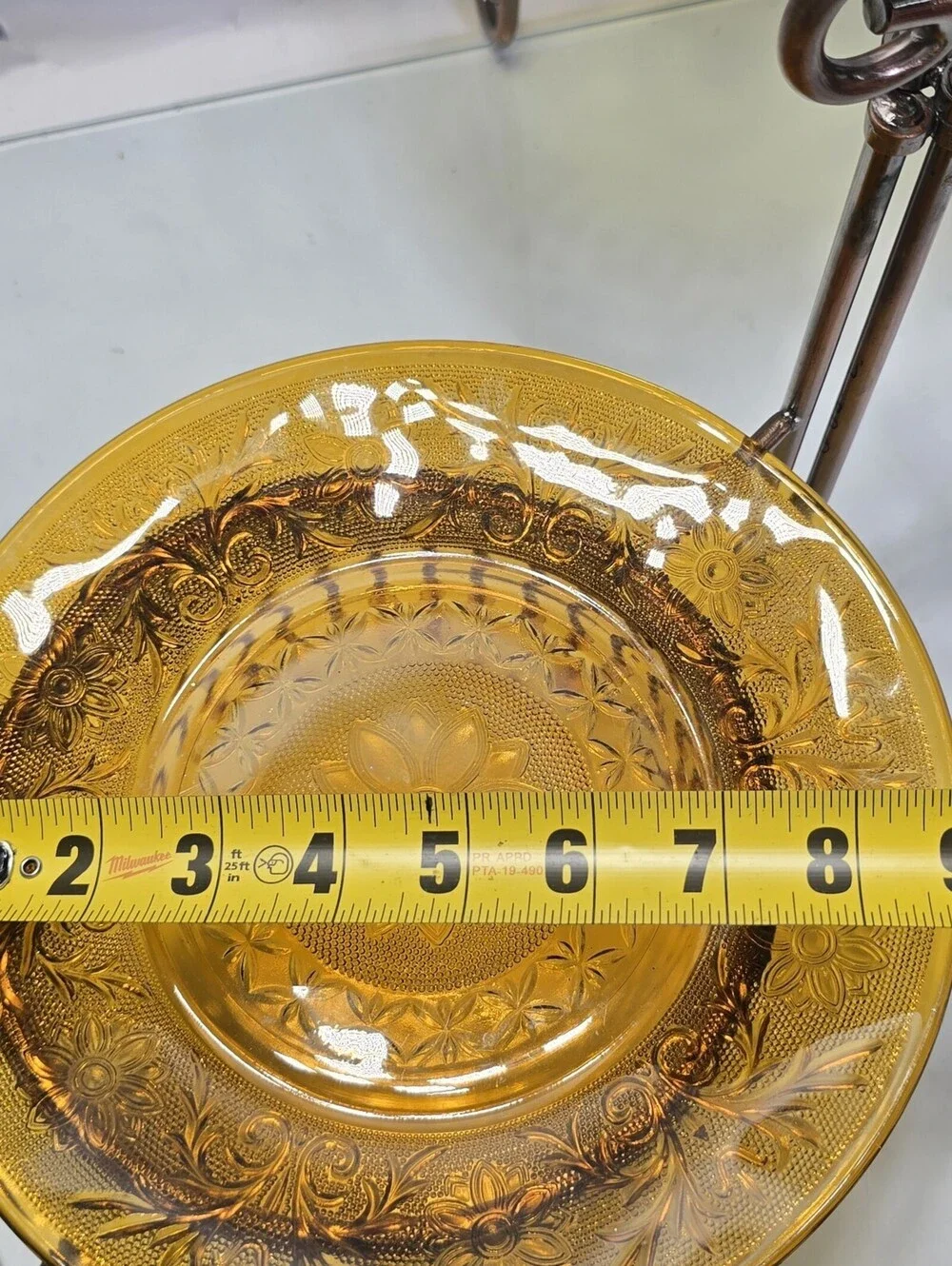 Vintage 3-Tier Metal Dessert Stand Amber Glass Plates Beaded Display Centerpiece